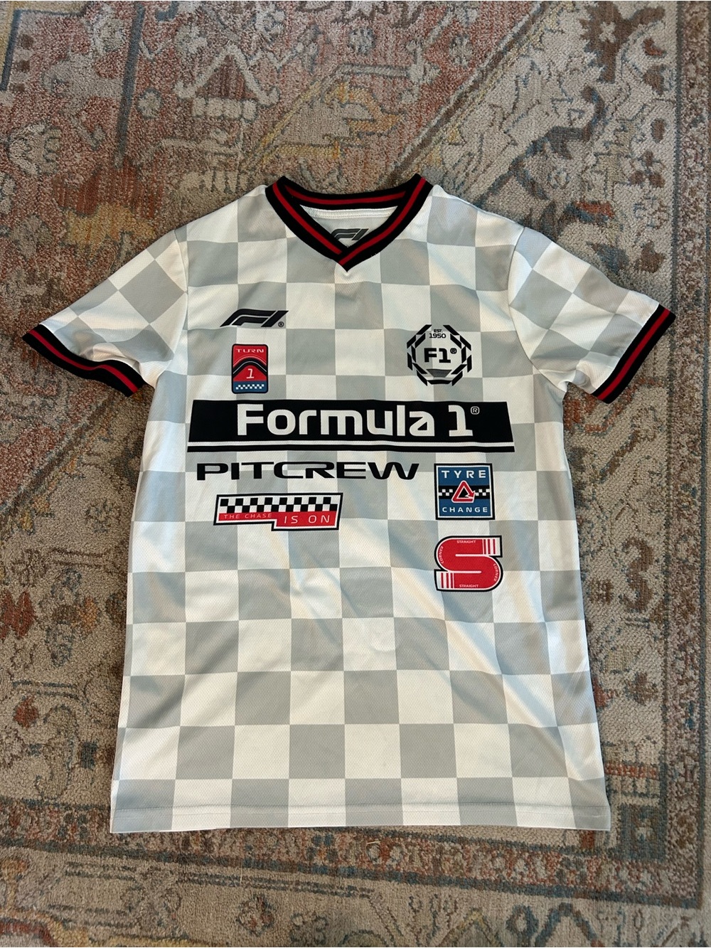 Hybrid Apparel Formula 1 Checkered Kids Shirt in White, Gray, Black & Red